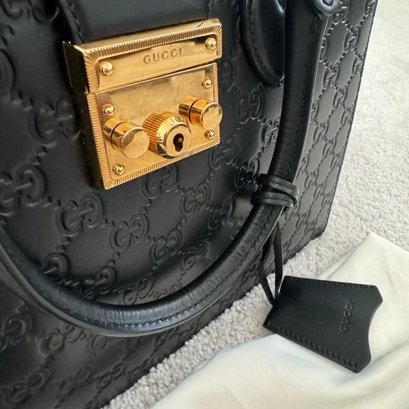 Gucci Black Embossed Leather Satchel with Gold Hardware - Picture 13 of 15